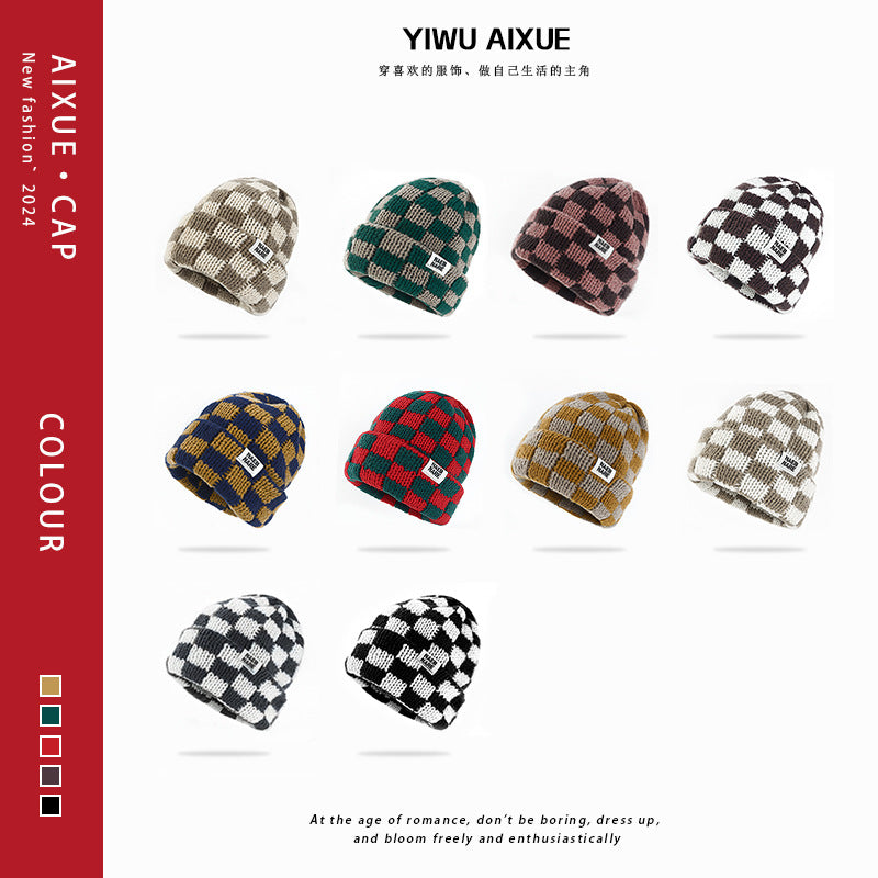 Wholesale Checkerboard plaid knitted hat women' s autumn and winter face-revealing small warm hat